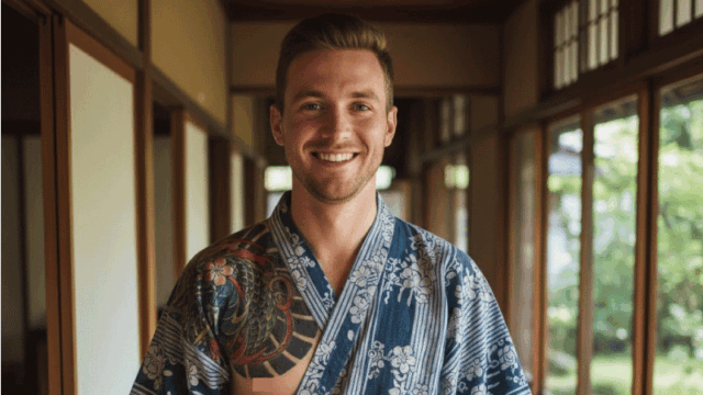 A friendly lifestyle photo of a western traveler with a medium-sized tattoo on their shoulder, smiling while wearing a yukata at a traditional Japanese inn. The background shows a wooden hallway of a ryokan. Bright, inclusive, and modern travel style.