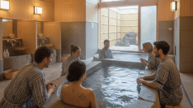 Friendly Japanese onsen interior with international travelers, relaxed atmosphere, subtle visible tattoos on guests’ arms or shoulders, respectful and calm mood, clean wooden design, warm lighting, inclusive and welcoming travel photo style