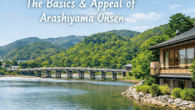 Bright and friendly photo-style image of Arashiyama, Kyoto, showing a balanced overview of the area. Include Togetsukyo Bridge, surrounding green mountains, the Katsura River, and a subtle hint of a traditional onsen ryokan exterior. Daytime, soft natural light, clear blue sky, calm and welcoming atmosphere. Realistic travel photography, natural colors, no people in close-up, suitable for first-time travelers.