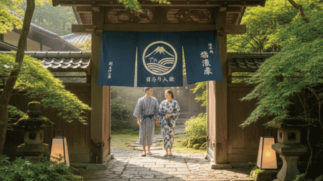 Prompt: A bright and friendly high-resolution travel photograph of a traditional Japanese onsen entrance in Hakone. Features a beautiful wooden gate with a "noren" (fabric divider) blowing gently in the breeze, surrounded by lush green maple trees. Soft morning sunlight, welcoming and peaceful atmosphere. 8k, realistic lifestyle photography.