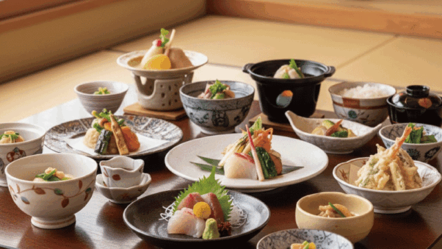 An exquisite photograph of a high-end "Kaiseki" dinner served in a luxury ryokan. Multiple small, beautiful ceramic plates with colorful seasonal Japanese food arranged artfully on a low wooden table. Bright natural lighting, soft focus background, elegant and welcoming.