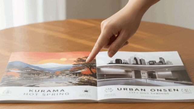 Bright, friendly photo style. A peaceful evening scene at a traditional Japanese ryokan in the mountains. Warm light glowing from windows, wooden architecture, lanterns softly lit. No people visible, but the atmosphere suggests quiet and relaxation after day visitors have left. A calm, intimate mood that contrasts with daytime crowds. High-quality travel editorial photo, landscape