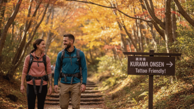 Bright, friendly photo style. A small mountain trip atmosphere north of Kyoto. Soft autumn sunlight filtering through trees, a quiet forest path leading toward Kurama Hot Spring with an English signboard visible. In the foreground, two international travelers in their 20s–30s wearing casual outdoor clothing and backpacks. They look relaxed and confident. Natural light, shallow depth of field, high-quality travel magazine photography, not smartphone quality. Landscape orientation, 16:9, clean composition suitable for a thumbnail.