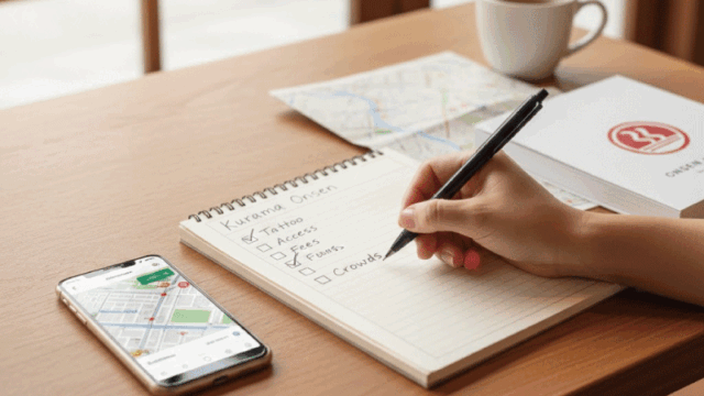 Bright, friendly photo style. A travel planning scene. A wooden table with a smartphone, a folded paper map, and a guidebook marked with an onsen symbol. A notebook shows a handwritten English checklist: “Tattoo / Access / Fees / Crowds.” A traveler’s hand (natural skin tone, no nail polish) is checking items with a pen. Background is a softly blurred café-style space with warm natural light. Calm, organized mood, landscape