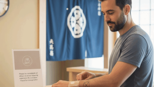 Bright, friendly photo style. The entrance area of a traditional Japanese hot spring facility. A reception counter with a small, neutral English notice sign (generic wording such as “Please be considerate,” no strong prohibitions). In the foreground, an international traveler in their 20s–30s discreetly covering a small tattoo on their arm with a skin-tone cover sticker. The tattoo is subtle (geometric or floral). The traveler’s expression is calm and reassured. Wooden textures, noren curtain, soft natural lighting, clean and welcoming atmosphere, landscape