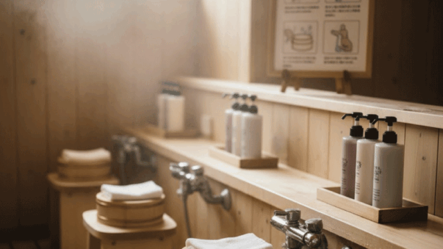 Bright, friendly photo style. A clean onsen washing area concept scene without showing people’s bodies. Wooden wash buckets, a folded small towel, shampoo bottles, a bathing stool neatly arranged. A simple illustrated etiquette sign or pictogram visible in the background (photo-realistic but subtle). Light steam in the air, warm lighting, relaxing and respectful mood. No nudity, no faces. High-quality travel editorial style, landscape