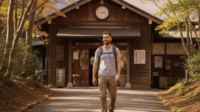 Bright, friendly photo style. A relaxed day-trip scene at a mountain hot spring area. An international traveler walking toward Kurama Hot Spring during daytime, wearing comfortable clothes and carrying a small daypack. A visible clock or sunlight suggesting daytime use, no overnight luggage. Surroundings include trees, wooden buildings, and a calm rural atmosphere. The traveler looks unhurried and comfortable. Natural light, travel magazine quality, landscape