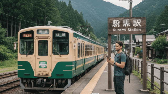 Bright, friendly photo style. An international traveler standing at a scenic viewpoint overlooking the mountains near Kurama, holding a smartphone or guidebook, looking thoughtful but satisfied. The pose suggests decision-making and confidence. Soft natural light, open space, sense of clarity and conclusion. Travel editorial style, optimistic tone, landscape