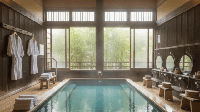 Bright, respectful photo style of a quiet Japanese onsen bathing area with no people visible, focus on serene water, wooden architecture, towels neatly folded, peaceful and calm atmosphere, traditional aesthetics, natural light, realistic travel photography, culturally sensitive and warm tone