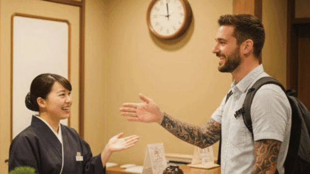 A friendly interaction between Japanese staff and a foreign tourist with tattoos at a reception desk, smiling and welcoming, realistic photography, warm indoor lighting, travel-friendly mood