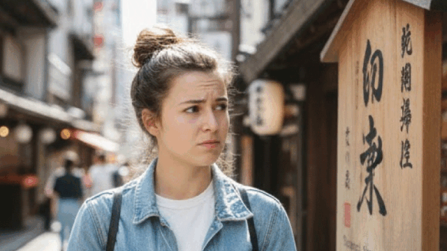 A thoughtful foreign traveler standing in front of a Japanese onsen sign, slightly unsure expression, casual travel clothes, daytime, realistic travel photography, soft natural lighting, friendly and relatable mood