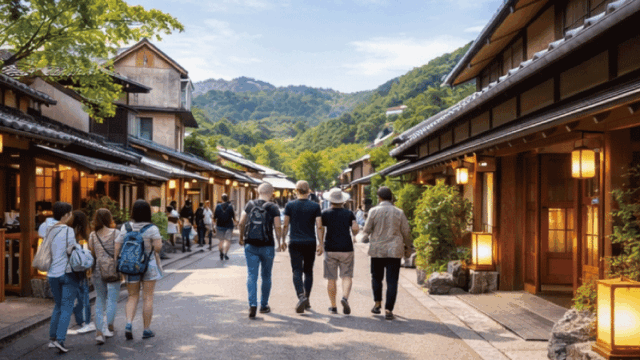Ryokan entrance in Kyoto glowing warmly in the evening