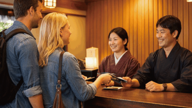 Foreign travelers checking in at a Japanese ryokan with friendly staff
