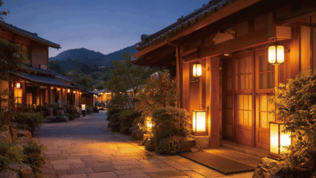 Travelers relaxing in a quiet Japanese ryokan lobby