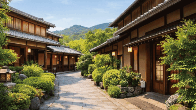 Exterior of a traditional ryokan in Kyoto’s Arashiyama area on a sunny day
