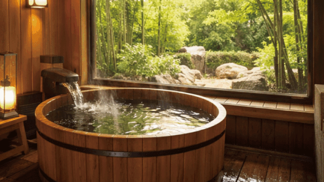 Private onsen bath with wooden tub and garden view