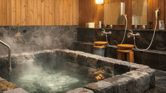 Quiet Japanese onsen bath with wooden interior and stone tub