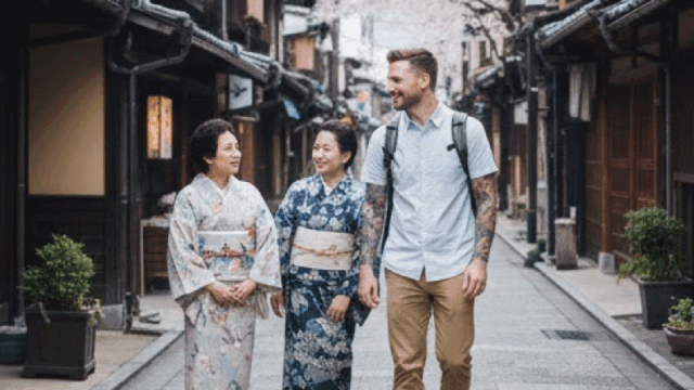 A cultural contrast scene in Japan: a traditional street with locals and a tattooed foreign traveler blending in respectfully, realistic photography, soft colors, natural daylight, calm and thoughtful mood