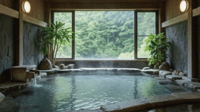 A spacious Japanese onsen bath with steam, calm water, no people, traditional yet modern design, realistic photography, soft lighting, peaceful and welcoming atmosphere